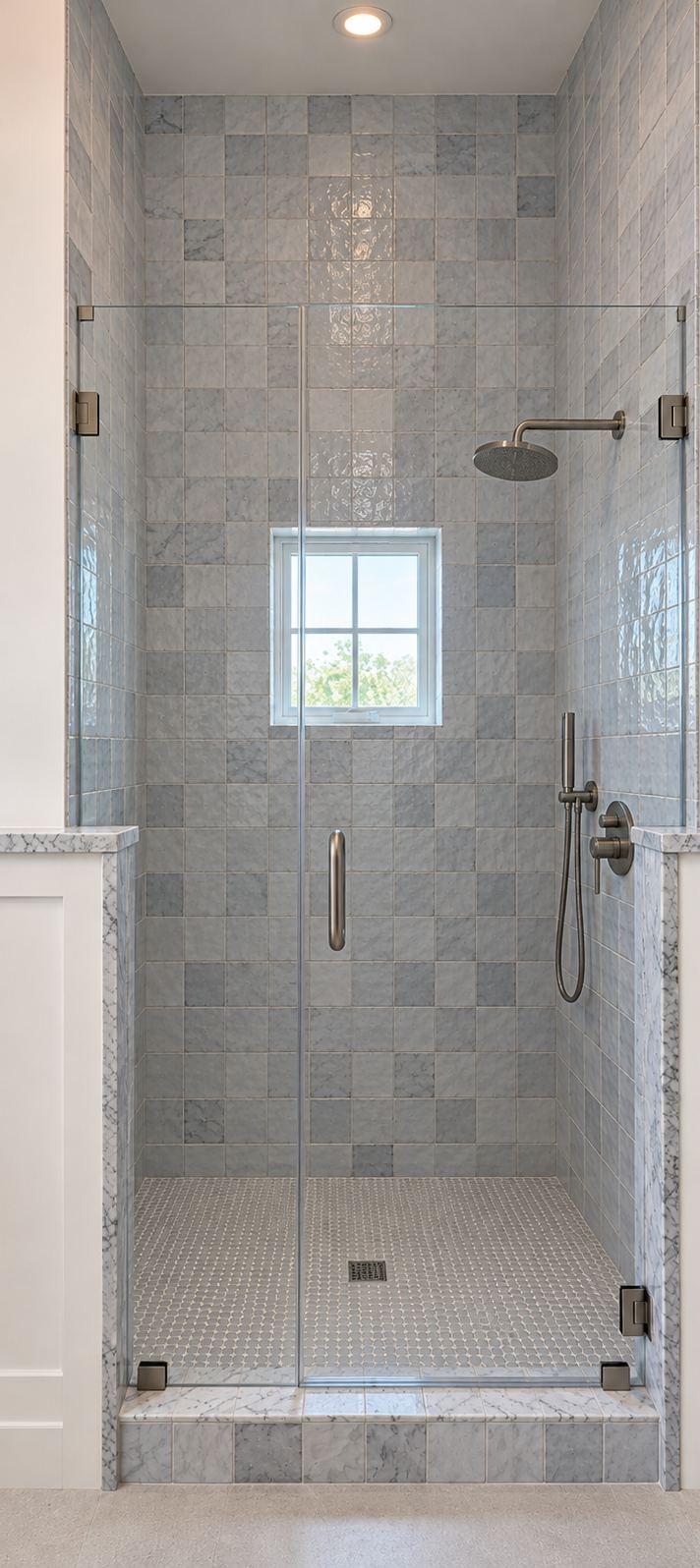 Finished zellige and marble walk-in shower with frameless glass